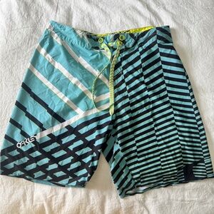 Oakley Men's Striped Aqua and Black Board Shorts